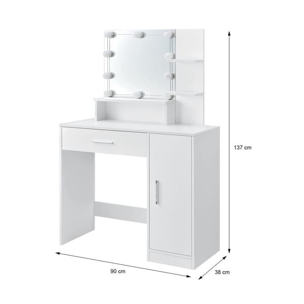 ML Design dressingbord vit, frisörbord med LED-belysning, spegel, 1 lådor, 3 fack och skåp, 90x38x137 cm, kosmetiska bord för damer och tjejer