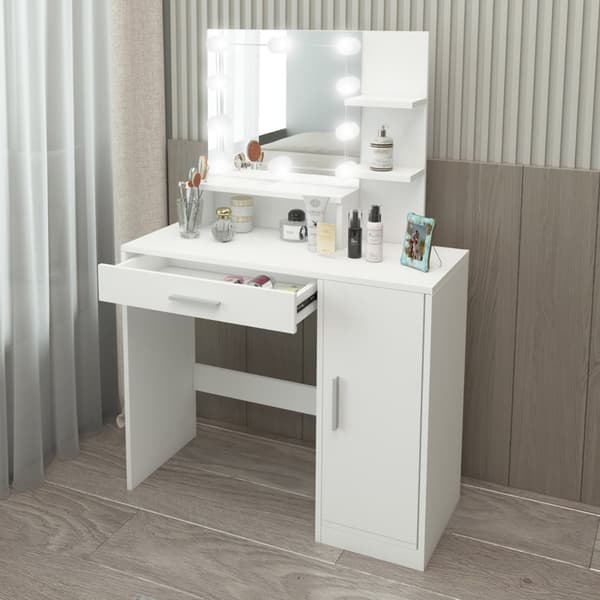 ML Design dressingbord vit, frisörbord med LED-belysning, spegel, 1 lådor, 3 fack och skåp, 90x38x137 cm, kosmetiska bord för damer och tjejer