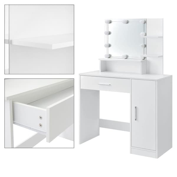 ML Design dressingbord vit, frisörbord med LED-belysning, spegel, 1 lådor, 3 fack och skåp, 90x38x137 cm, kosmetiska bord för damer och tjejer