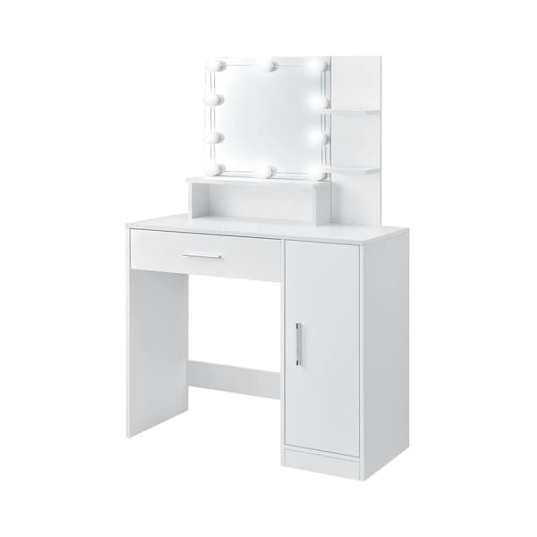 ML Design dressingbord vit, frisörbord med LED-belysning, spegel, 1 lådor, 3 fack och skåp, 90x38x137 cm, kosmetiska bord för damer och tjejer