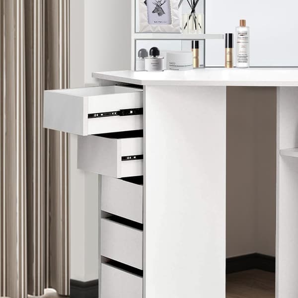 ML Design Corner Refinish Taulukko Valkoinen, Pukupöytä, jossa on 3 peiliä, 5 laatikkoa ja 3 säilytystilaa, 110 x 141,5 x 54 cm, kosmeettinen pöytä