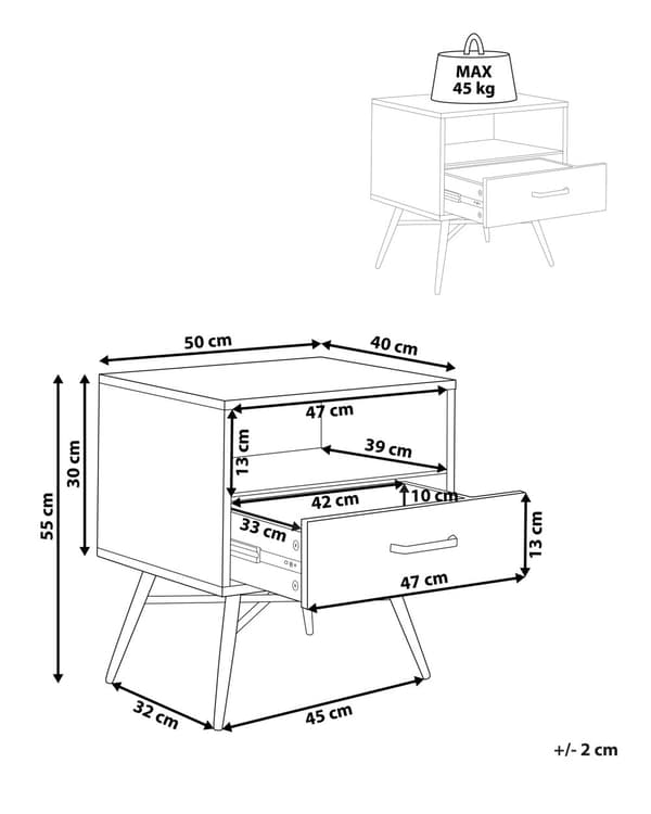 Yöpöytä vaalea puu 50 x 55 x 40 cm MDF-levy metalli hylly laatikko sivupöytä skandinaavinen
