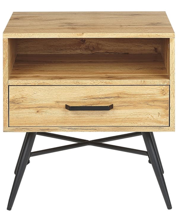 Yöpöytä vaalea puu 50 x 55 x 40 cm MDF-levy metalli hylly laatikko sivupöytä skandinaavinen