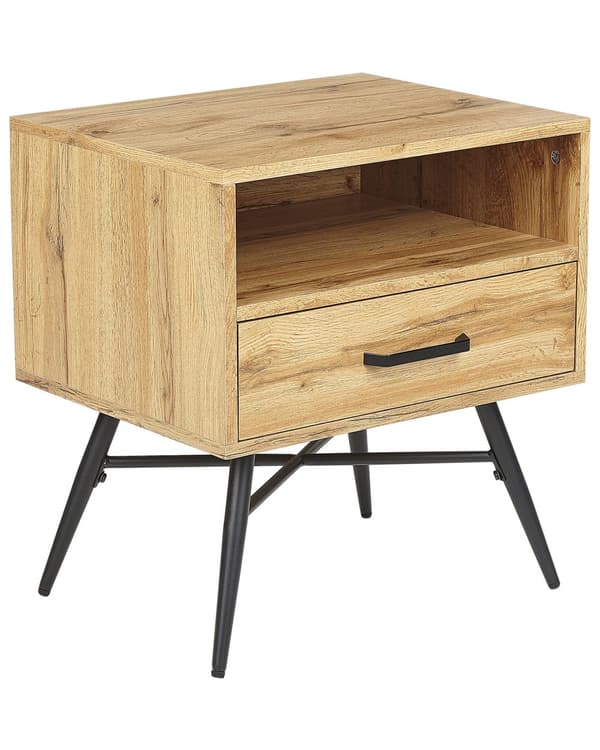 Yöpöytä vaalea puu 50 x 55 x 40 cm MDF-levy metalli hylly laatikko sivupöytä skandinaavinen