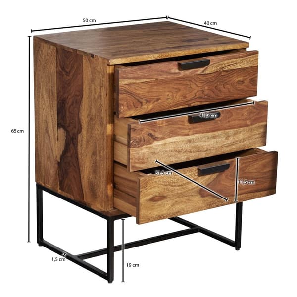 Rootz sengebord massivt sheesham træ - metal 50x40x65 cm sengebord boxmadrasser - Design sengebord med 3 skuffer - Industrielt sengebord med opbevarin