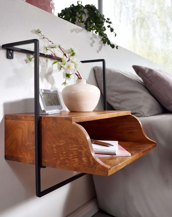 Rootz-yöpöytä seinälle kiinnitettäväksi 44x45x35 cm yöpöytä massiivi mangopuuta - Yöpöytä hyllyllä - Kelluva seinälauta joustinpatjasänkyyn - Seinäkon