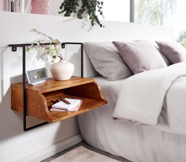 Rootz-yöpöytä seinälle kiinnitettäväksi 44x45x35 cm yöpöytä massiivi mangopuuta - Yöpöytä hyllyllä - Kelluva seinälauta joustinpatjasänkyyn - Seinäkon