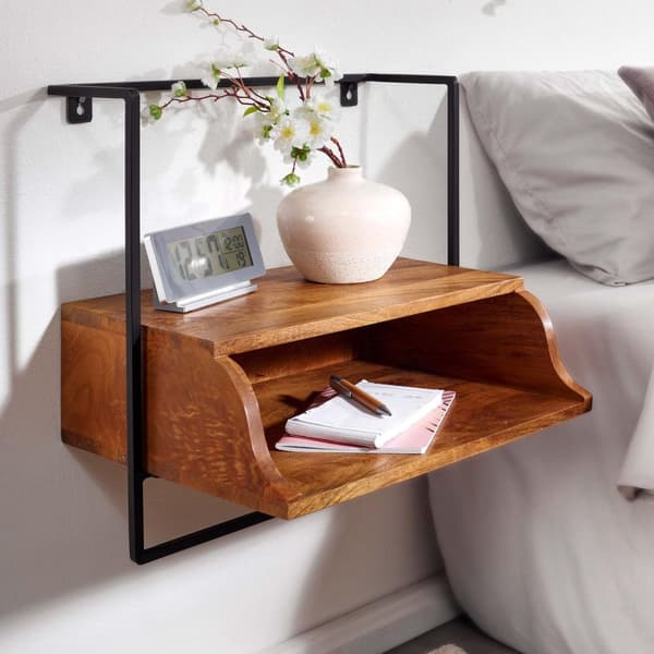 Rootz-yöpöytä seinälle kiinnitettäväksi 44x45x35 cm yöpöytä massiivi mangopuuta - Yöpöytä hyllyllä - Kelluva seinälauta joustinpatjasänkyyn - Seinäkon