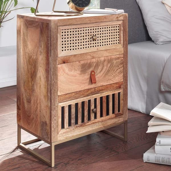 Rootz sengebord mango massivt træ - metal 40x60x30 cm sengeskab boxmadrasser - Design sengebord med 3 skuffer - Natbord med opbevaringsplads