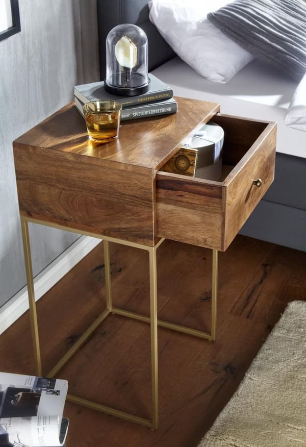 Rootz sängbord mango massivt trä - metall 40x75,5x35 cm sängskåp resårmadrass - Designsängbord med låda - Sängbord med förvaringsutrymme