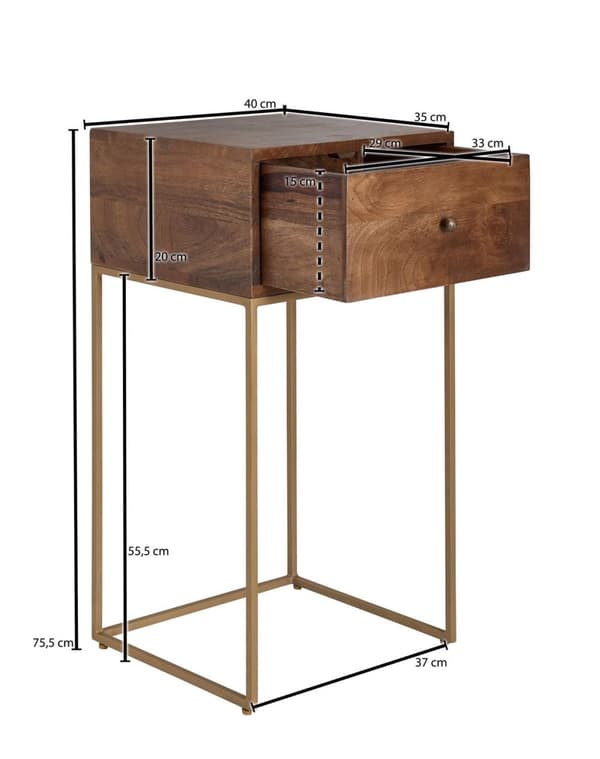 Rootz sängbord mango massivt trä - metall 40x75,5x35 cm sängskåp resårmadrass - Designsängbord med låda - Sängbord med förvaringsutrymme