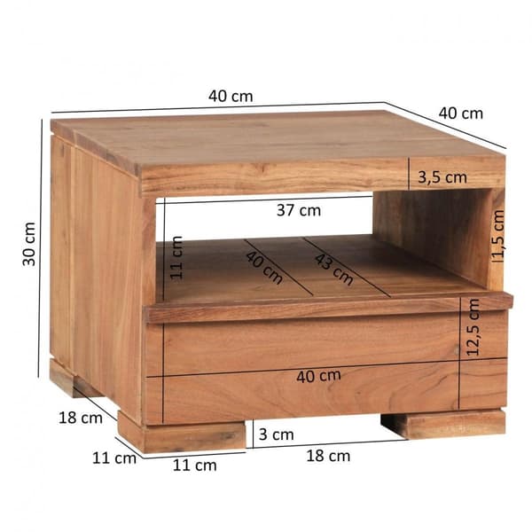 Rootz sengebord massivt træ akacie sengebord kommode 30 cm 1 skuffe opbevaring sengebord i landlig ægte træ