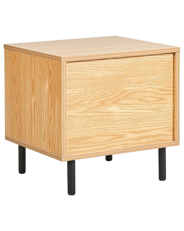 Nattbord Lyst tre Sponplate Svarte metallben 1 skuff Minimalistisk Moderne Soverom Oppbevaring
