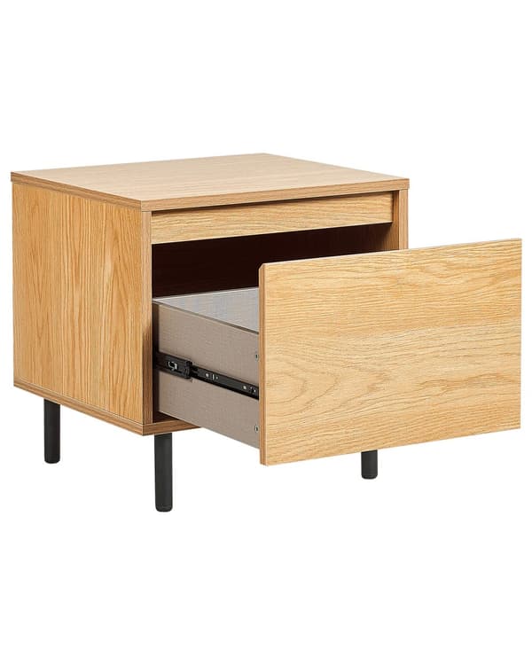 Sengebord lyst træ MDF med skuffe sorte metalben soveværelsesmøbler minimalistisk