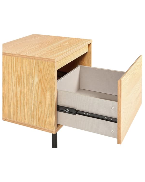 Sengebord lyst træ MDF med skuffe sorte metalben soveværelsesmøbler minimalistisk