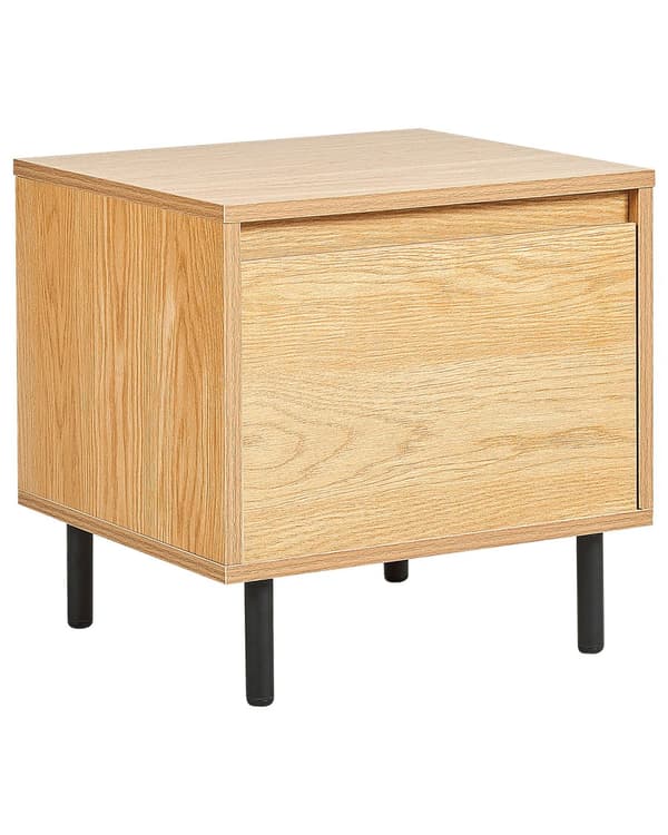 Sengebord lyst træ MDF med skuffe sorte metalben soveværelsesmøbler minimalistisk