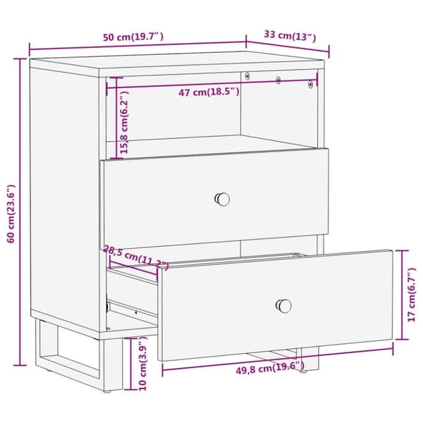 vidaXL sengebord 50x33x60 cm massivt mangotræ brun og sort