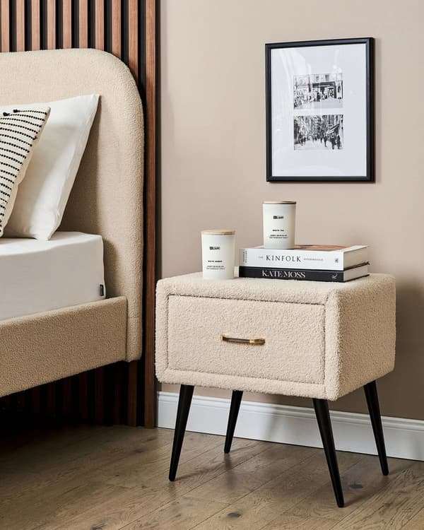Sengebord Beige Boucle Polstret Design Natbord med Skuffe Minimalistisk Design Soveværelse Tilbehør Bord til Seng Sidebord