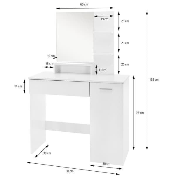 Påklædningsbord med spejl 90x38x138 cm hvid inkl. skammel ML-Design