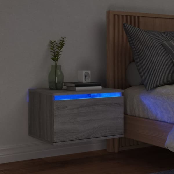 vidaXL Vegghengt nattbord med LED-lys grå sonoma