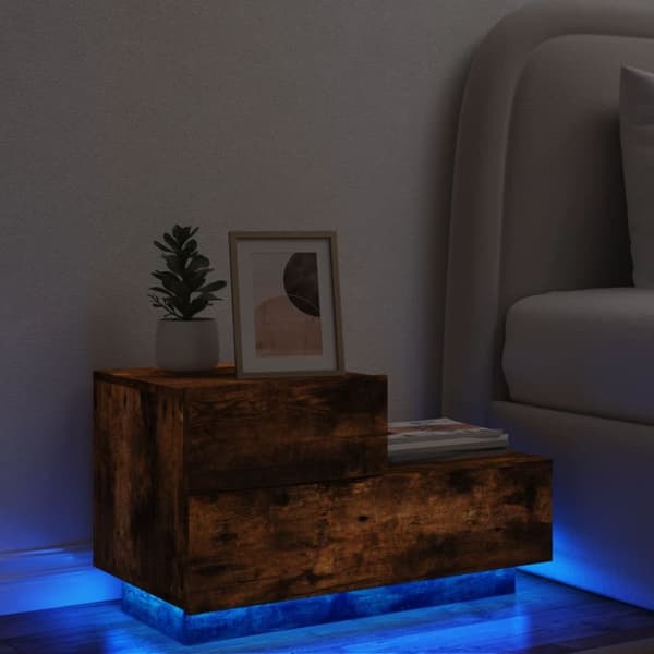 vidaXL Yöpöytä LED-valoilla savutammi 70x36x40,5 cm