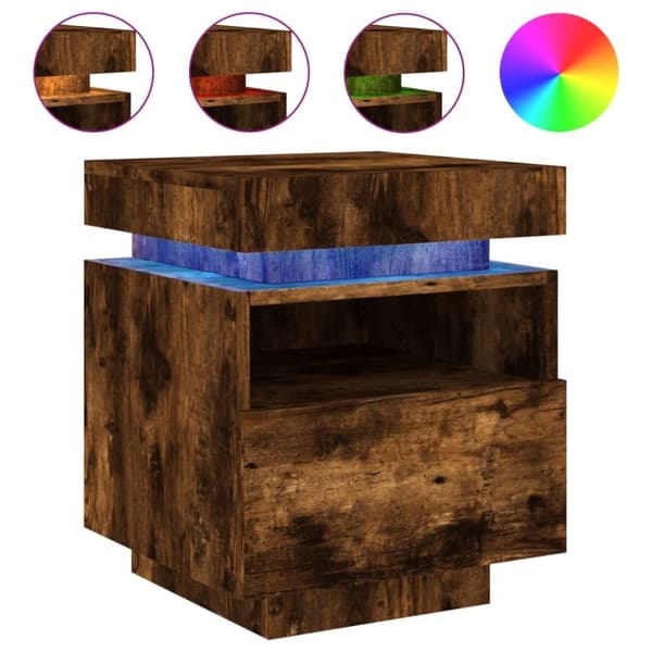 vidaXL sengeborde 2 stk. med LED-lys 40x39x48,5 cm røget egetræsfarve