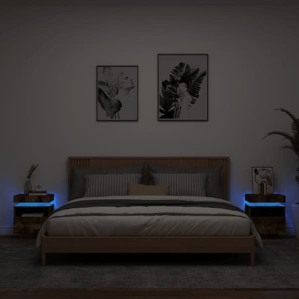 vidaXL sengeborde 2 stk. med LED-lys 40x39x48,5 cm røget egetræsfarve
