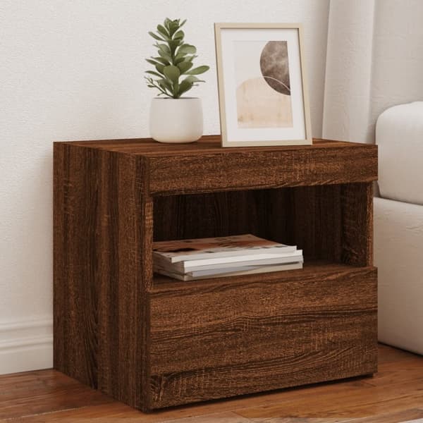 vidaXL sengeborde 2 stk. med LED-lys 50x40x45 cm brun egetræsfarve