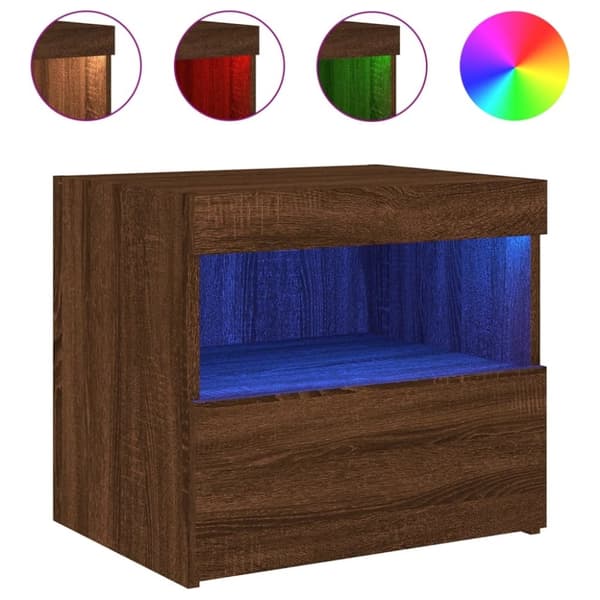 vidaXL sengebord med LED-lys 50x40x45 cm brun egetræsfarve