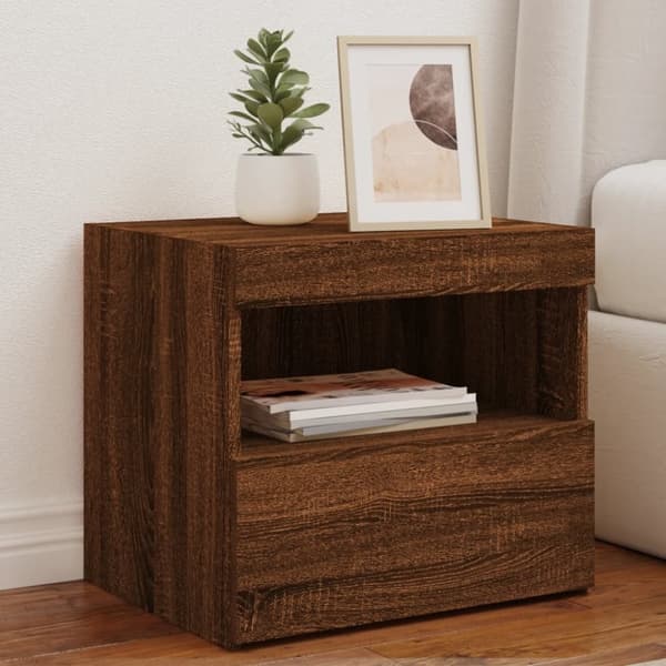 vidaXL sengebord med LED-lys 50x40x45 cm brun egetræsfarve