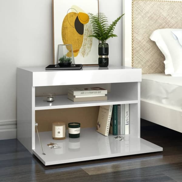 vidaXL sengebord med LED-lys 2 stk. 60x35x40 cm hvid højglans -  Natborde
