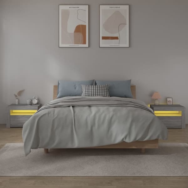 vidaXL sengeborde med LED-lys 2 stk. 60x35x40 cm grå sonoma-eg - Natborde
