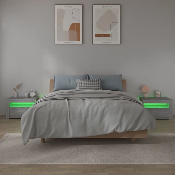 vidaXL sengeborde med LED-lys 2 stk. 60x35x40 cm grå sonoma-eg - Natborde