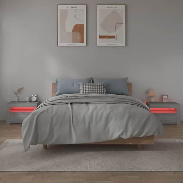 vidaXL sengeborde med LED-lys 2 stk. 60x35x40 cm grå sonoma-eg - Natborde