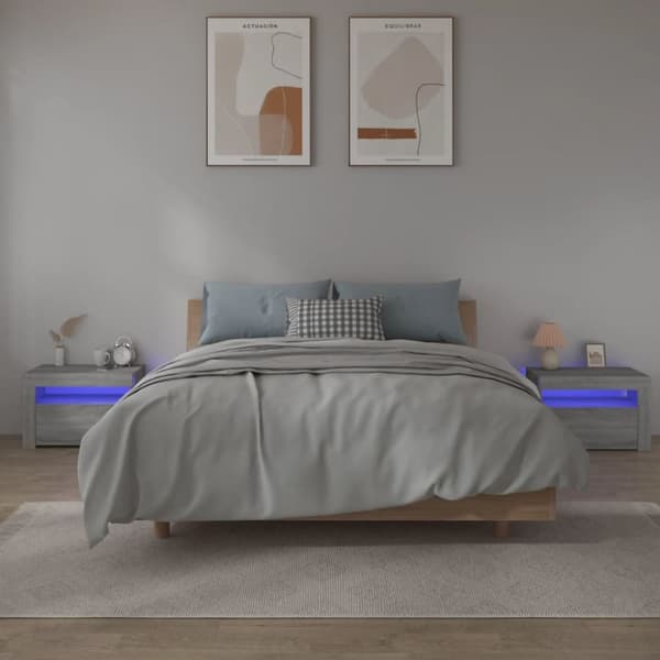 vidaXL sengeborde med LED-lys 2 stk. 60x35x40 cm grå sonoma-eg - Natborde