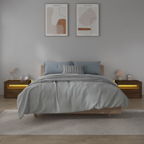 vidaXL sengeborde med LED-lys 2 stk. 60x35x40 cm brun eg - Natborde