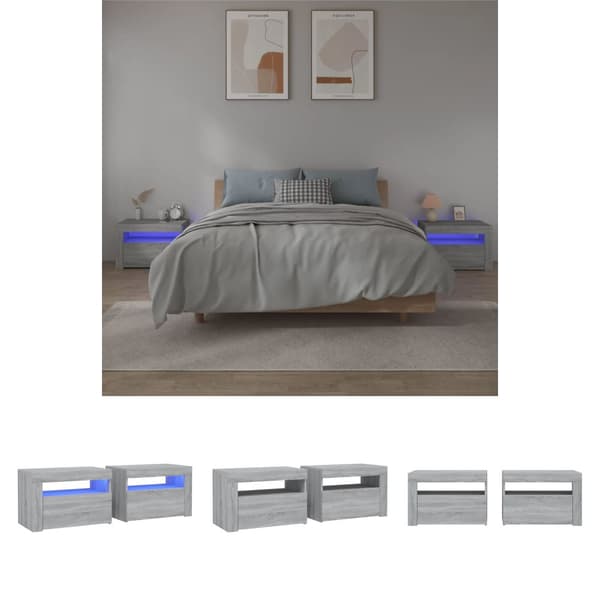 The Living Store Yöpöydät 2 kpl LED-valoilla harmaa Sonoma 60x35x40 cm -  Yöpöydät