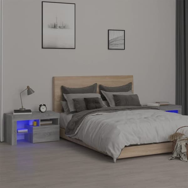 The Living Store sengeborde 2 stk. med LED-lys 70x36,5x40 cm grå sonoma-eg -  Natborde