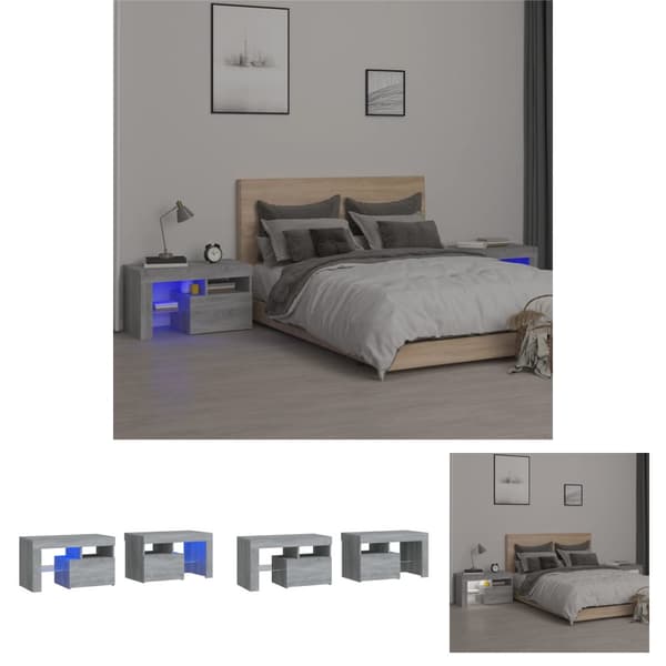 The Living Store sengeborde 2 stk. med LED-lys 70x36,5x40 cm grå sonoma-eg -  Natborde