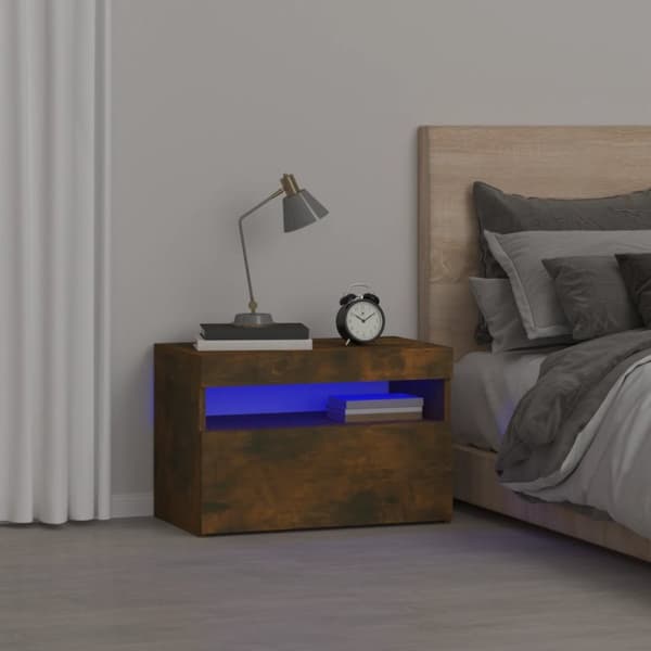The Living Store Sängbord med LED-belysning rökfärgad ek 60x35x40 cm - Nattduksbord