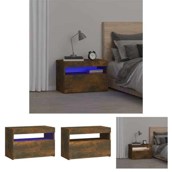 The Living Store Sängbord med LED-belysning rökfärgad ek 60x35x40 cm - Nattduksbord