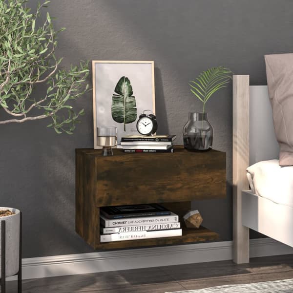 The Living Store Seinäkiinnitettävä yöpöytä savutammi - Yöpöydät