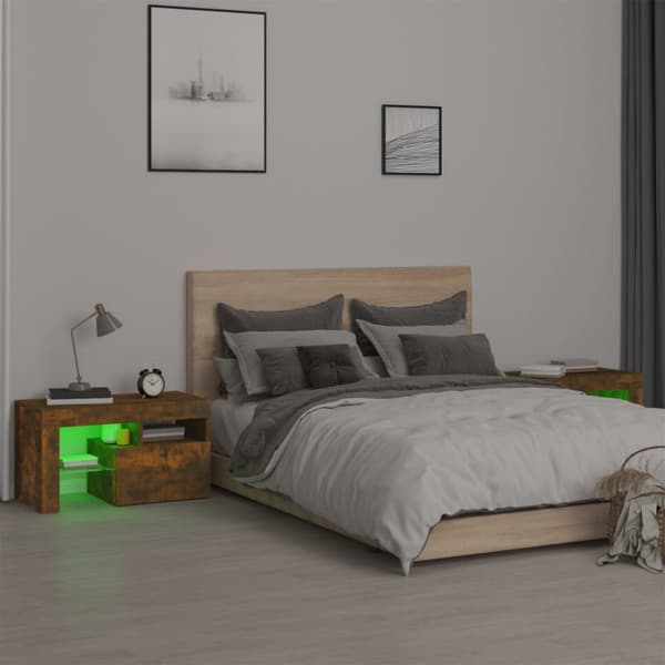 The Living Store sengeborde 2 stk. med LED-lys 70x36,5x40 cm røget egetræsfarve - Natborde