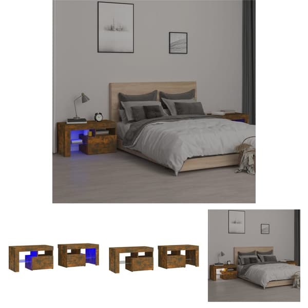 The Living Store sengeborde 2 stk. med LED-lys 70x36,5x40 cm røget egetræsfarve - Natborde
