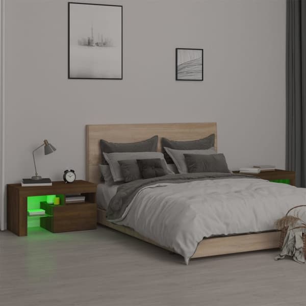 The Living Store Yöpöydät 2 kpl LED-valoilla ruskea tammi 70x36,5x40 cm - Yöpöydät
