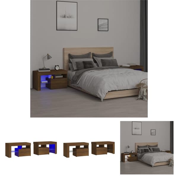 The Living Store Yöpöydät 2 kpl LED-valoilla ruskea tammi 70x36,5x40 cm -  Yöpöydät