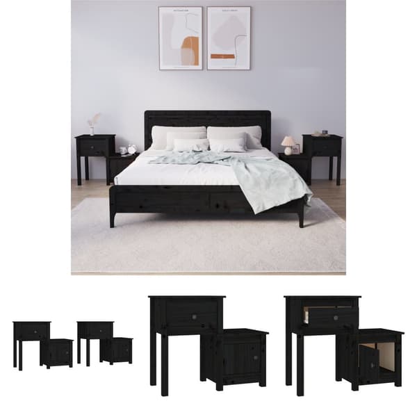 The Living Store sengeborde 2 stk. 79,5x38x65,5 cm massivt fyrretræ sort -  Natborde
