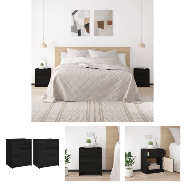 The Living Store sengeskabe 2 stk. 40x31x50 cm massivt fyrretræ sort - Natborde