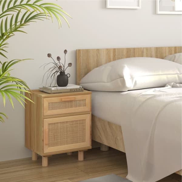 The Living Store sengeborde 2 stk. massivt fyrretræ og naturlig rattan brun -  Natborde