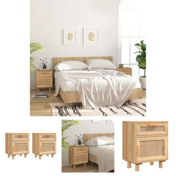 The Living Store sengeborde 2 stk. massivt fyrretræ og naturlig rattan brun -  Natborde